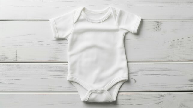 Baby bodysuit mockup, white short-sleeved bodysuit model, white floor background