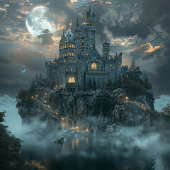 Enchanted castle, hovering on a misty cliff - obrazy, fototapety, plakaty
