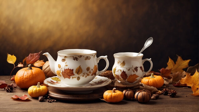 A table set with tea and surrounded by pumpkins and fall leaves.

