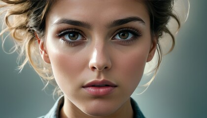 A highly detailed close-up portrait of a young woman with immaculate makeup and a serene expression.