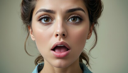 A high-resolution image capturing a young woman's expressive surprised look, eyes wide and mouth open.