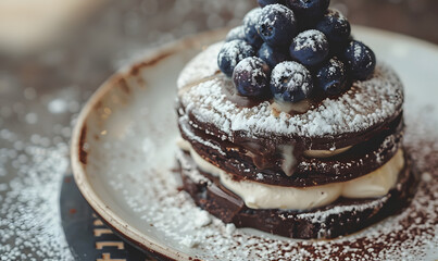 dark chocolate and cream layers, topped with a cluster of dusted blueberries, Generative AI 