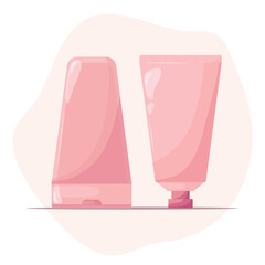 Makeup products vector illustration. Cosmetic containers on white background. Advertising mock up, beauty banner template with product categories for online store.