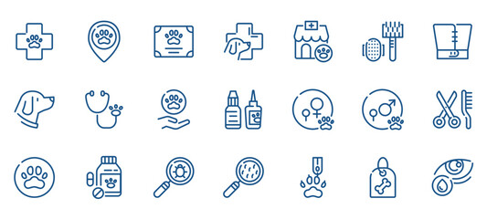 Pet Care and Veterinary Services Icons. Outline Vector Set for Vet Clinic, Animal Health, Dog Grooming and Emergency.