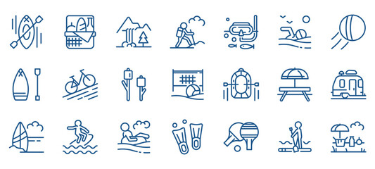 Outdoor Activities Icon Set: Camping, Hiking, Rafting, Diving, and Beach Sports. Features Icons for Mountain Treks, Wildlife Viewing, and Summer Travel. Editable Linear Vector Nature Collection