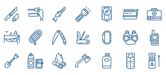 Survival Gear Icon Set: Essential Tools for Camping and Hunting. Features Knives, Guns, Axes, Flashlights, Compasses, and More. Editable Linear Vector Icons for Outdoor Adventures.