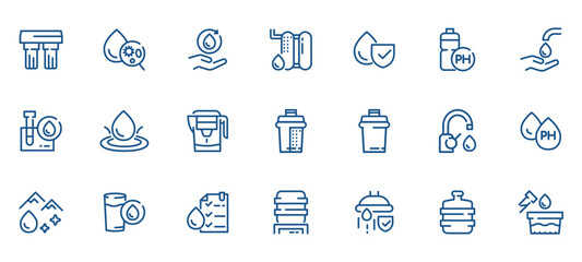 Water Filtration Icon Set: Filters, Pitchers, Cartridges, and Systems. Vector Icons for Quality, Safety, and Hygiene in Water Purification. - obrazy, fototapety, plakaty