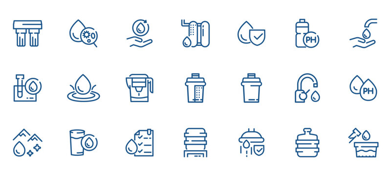Water Filtration Icon Set: Filters, Pitchers, Cartridges, and Systems. Vector Icons for Quality, Safety, and Hygiene in Water Purification.