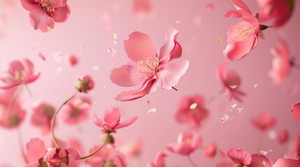Fototapeta na wymiar Picture a stunning image capturing fresh quince blossoms, their beautiful pink flowers appearing to defy gravity as they fall gently through the air. 