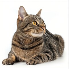A tabby cat with striking yellow eyes lying down, looking away thoughtfully against a white background.