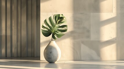 A minimalist, sculptural vase with a raw concrete texture, showcasing a single, architectural monstera leaf in a contemporary art gallery