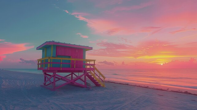 
Imagine the iconic lifeguard hut standing proudly on the golden sands of Miami's South Beach. As the sun rises over the horizon, casting its warm rays across the landscape