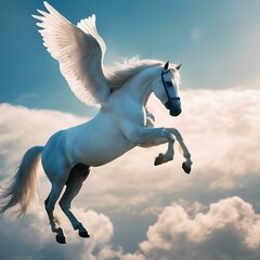 Obraz na płótnie Canvas AI-generated illustration of a White horse soaring through fluffy clouds in the sky with its wrings