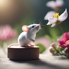 AI-generated illustration of A tiny mouse reaching to on a dainty flower - obrazy, fototapety, plakaty