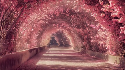 Picture a romantic tunnel adorned with pink flowering trees, creating a breathtaking canopy of delicate blossoms. As you stroll beneath this enchanting natural spectacle