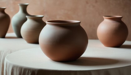A collection of handmade ceramic pots in earthy tones arrayed on a fabric-covered table, displaying the beauty of artisanal craftsmanship.