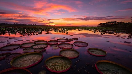 AI-generated illustration of giant lily pads on the serene water at sunset - obrazy, fototapety, plakaty