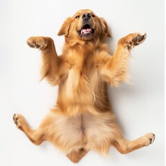 An adorable golden retriever lying on its back with paws up in a playful pose against a clean white...