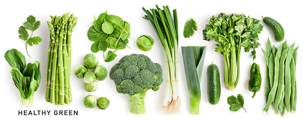 Green healthy vegetable collection isolated on white background.