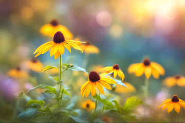 Obraz premium Yellow rudbeckia hirta flowers in the garden.