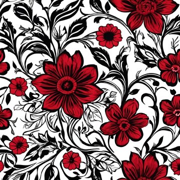 AI generated illustration of red and black floral pattern on white fabric with leaves and flowers