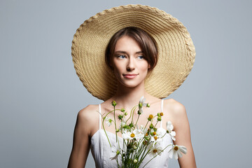 village girl in hat with flowers. beautiful young woman with chamomile - 784343279