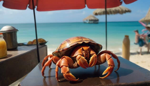 A hermit crab with an ornate shell lounges on a beach bar counter, surrounded by tropical ambiance.