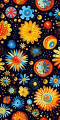 Fototapeta na wymiar AI generated illustration of abstract floral pattern on ground with blue, yellow, and red flowers
