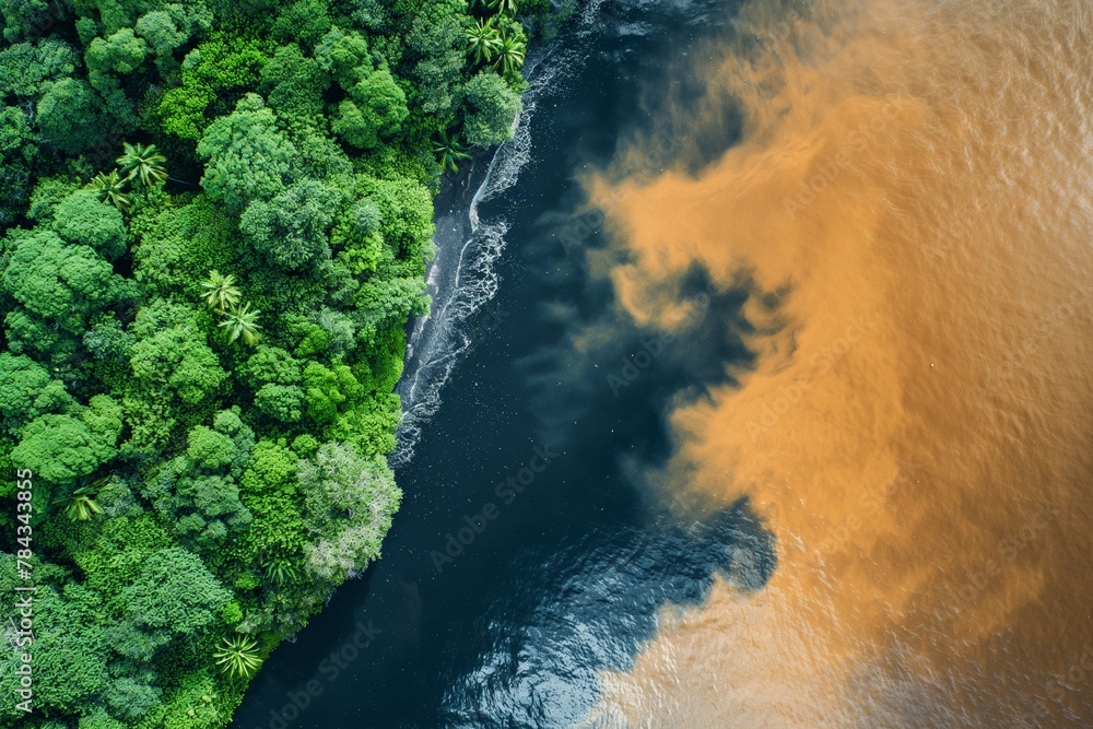 Poster the meeting of the waters of the rio negro with black waters and the rio solimoes