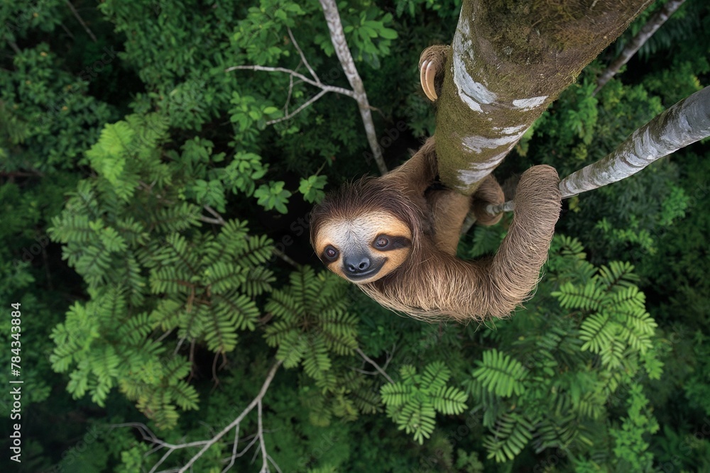 Sticker a baby sloth on a tree looking up at the camera