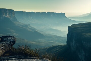 A Mountain vista with distant peaks, two figures gazing at the valley: Chapada Diamantina - obrazy, fototapety, plakaty