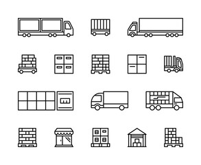 Logistics and cargo transportation vector linear icons set. Logistics icons of cargo vehicles, delivery, product, shop and more. © Andrii