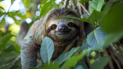a three - toed sloth is hanging from the branches of a tree
