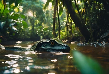 Fototapeten AI generated illustration of a crocodile swims in a river amid lush vegetation © Wirestock