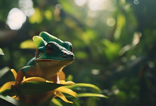 AI generated illustration of a frog in lush garden with sunlight filtering through green leaves