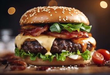 AI generated illustration of a delicious burger topped with cheese, bacon and tomatoes