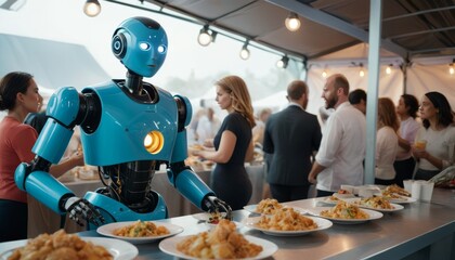 A humanoid robot serving appetizing dishes to guests at a busy outdoor catering event under a tent. - obrazy, fototapety, plakaty