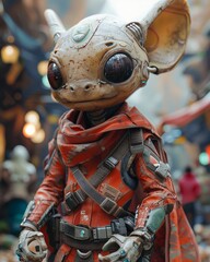 an adorable alien in futuristic attire with blurred background