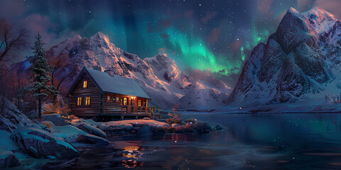 Cozy cabin nestled along the Norwegian fjords, surrounded by snow-capped peaks.