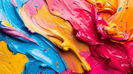 A dynamic close-up of swirling pink, blue, and yellow paints, mingling on a canvas to create a visually stunning abstract art piece.