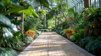 A peaceful pathway winds through a lush indoor botanical garden, flanked by vibrant tropical plants and dappled sunlight, inviting a serene stroll.