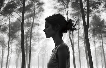 A black and white illustration of a woman with a white dress walking in woods, depicting anxiety, depression or heavy burden.