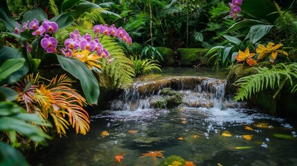 an area full of flowers and plants with a waterfall flowing over the water