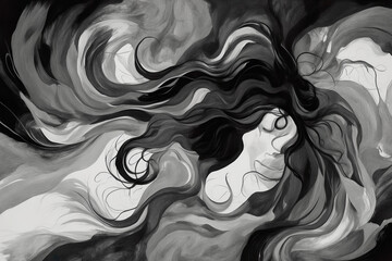 A black and white surreal illustration of a woman depicting anxiety, depression or heavy burden.