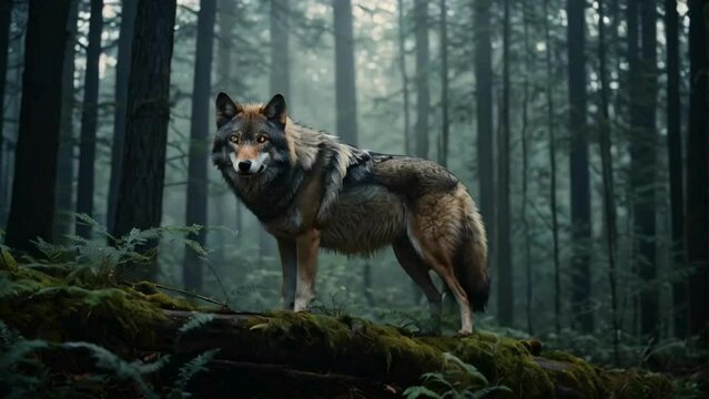 imposing and powerful wolf standing amidst the heart of a dense forest