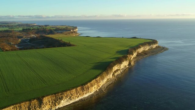 Aerial of fields and sea at Stevns Klint Unesco World Heritage