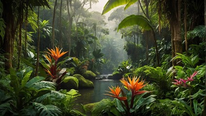 tropical vegetation are in a dense area, with stream running through the center - obrazy, fototapety, plakaty