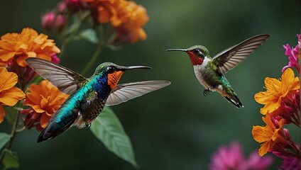 two hummingbirds that are near some flowers together as one flies away - obrazy, fototapety, plakaty