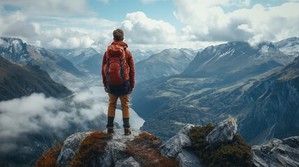 A man in red stands at the top of a mountain and looks at the valley below, drone footage.
