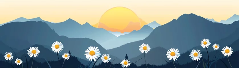 Poster A field of daisies in front of a mountain range at sunrise © Wavezaa